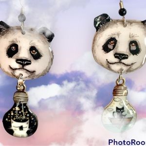 Giant Panda bear handpainted earrings w charms. OOAK
